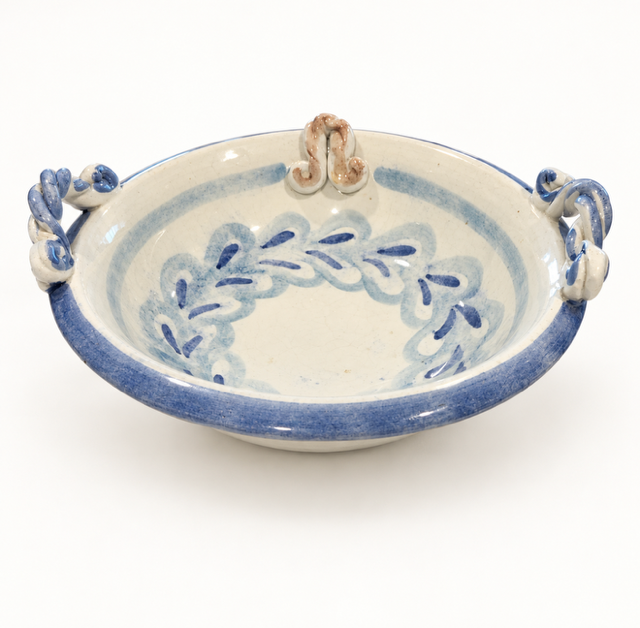 Vintage Italian Blue and White Ceramic Bowl with Serpent Handles