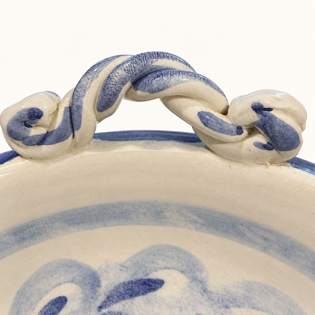 Vintage Italian Blue and White Ceramic Bowl with Serpent Handles